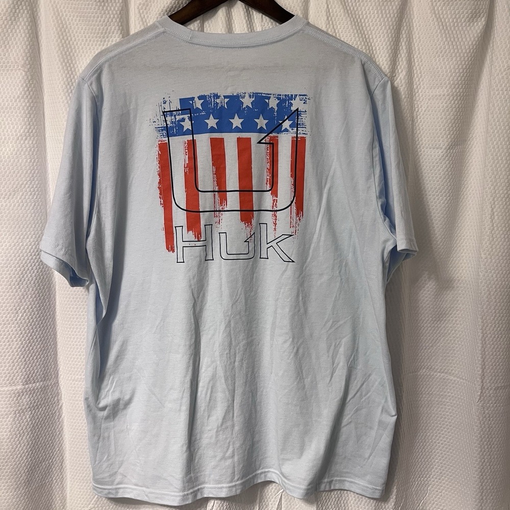 NWOT Huk Flag T-shirt Tee Fishing Boat Ocean‎ Size XL Patriotic Light Blue SS